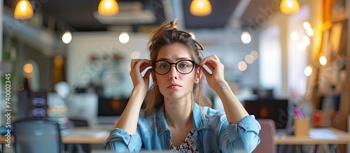 An attractive young woman confidently multitasks at a table, placing her hands on her head in a creative office. photo