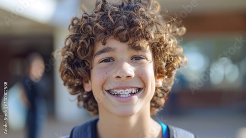 Closeup portrait of smiling smart curly haired school boy wearing braces on teeth looking at camera. Education concept