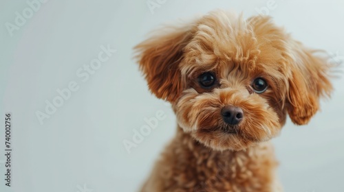 Cute charming dog. Shot of Maltipoo with big kind eyes and brown fur posing isolated over white studio background. Close up. Pet looks healthy and happy. Friend, love,