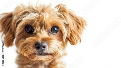 Cute charming dog. Shot of Maltipoo with big kind eyes and brown fur posing isolated over white studio background. Close up. Pet looks healthy and happy. Friend, love,