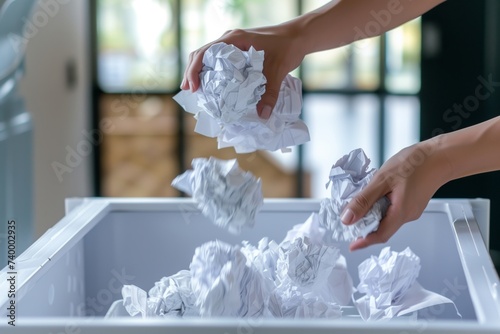 person tossing crumpled paper into a wastebasket photo