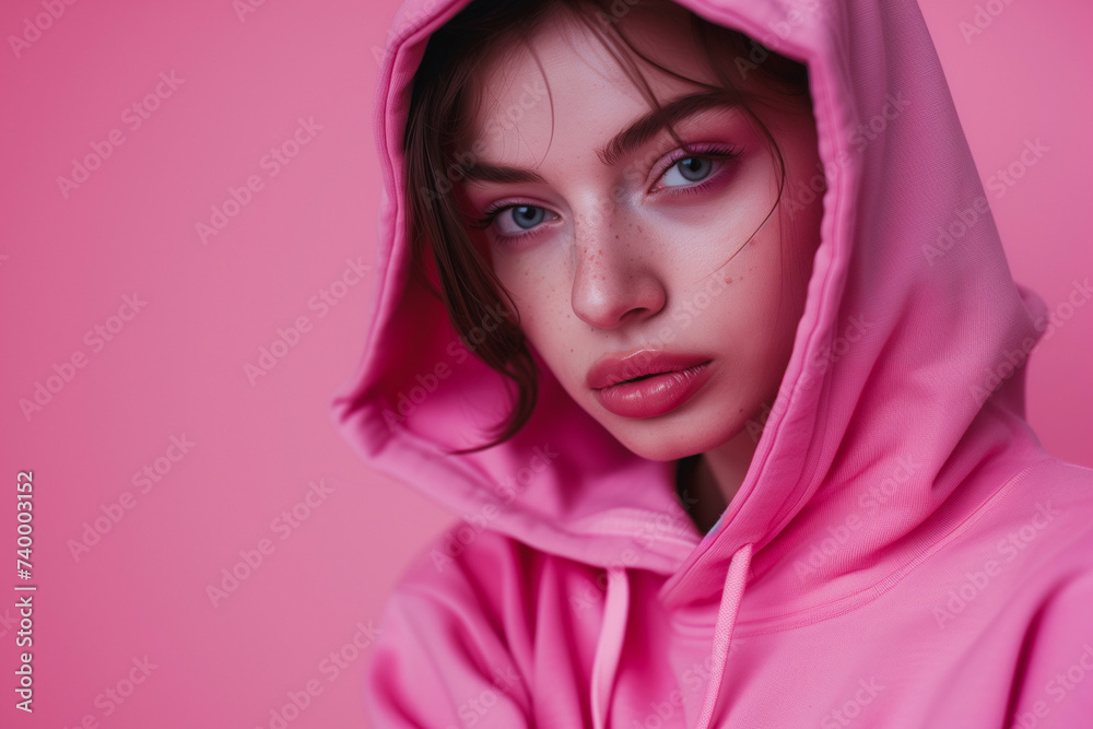Pensive Young Female in Pink Hoodie, Pink Backdrop Pensive Young Female in Pink Hoodie, Pink Backdrop