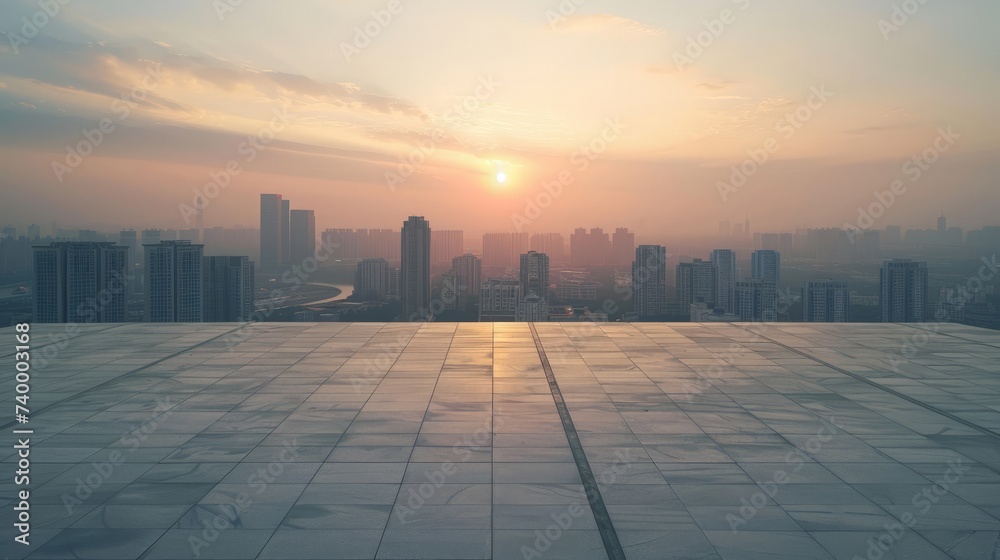 Empty square floors and city skyline with modern buildings at sunset in Suzhou, Jiangsu Province, China. high angle view. Empty square floors and city skyline with modern buildings at sunset in Suzhou, Jiangsu Province, China. high angle view.