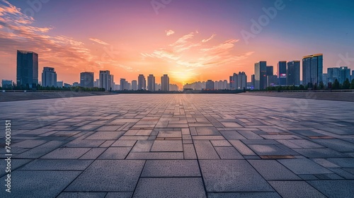 Empty square floors and city skyline with modern buildings at sunset in Suzhou, Jiangsu Province, China. high angle view. photo