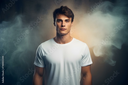 Confident young man displays white t-shirt. Concept Fashion, Confidence, Style, Young Adult, White T-shirt © Anastasiia