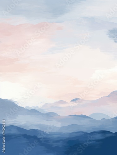A painting depicting a grand mountain range under a pink sky, showcasing the stunning contrast between the rugged peaks and the soft pastel colors of the sky.