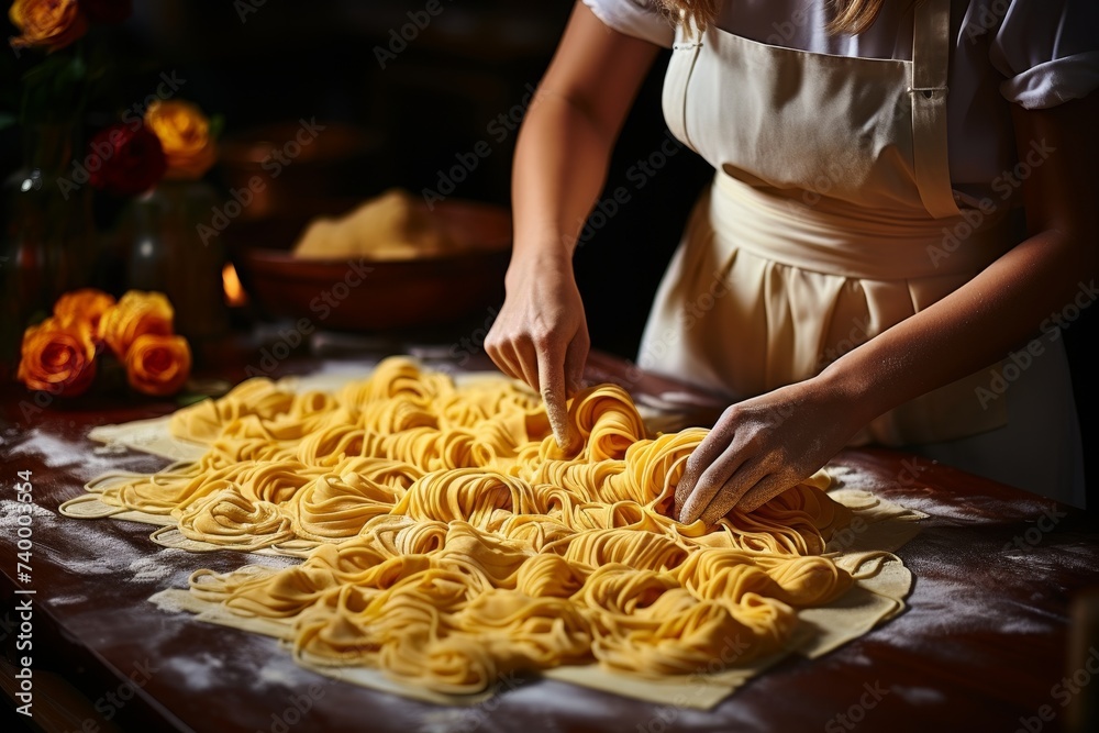 Closeup of womans hand making homemade pasta at wooden table with focus on handcrafted process