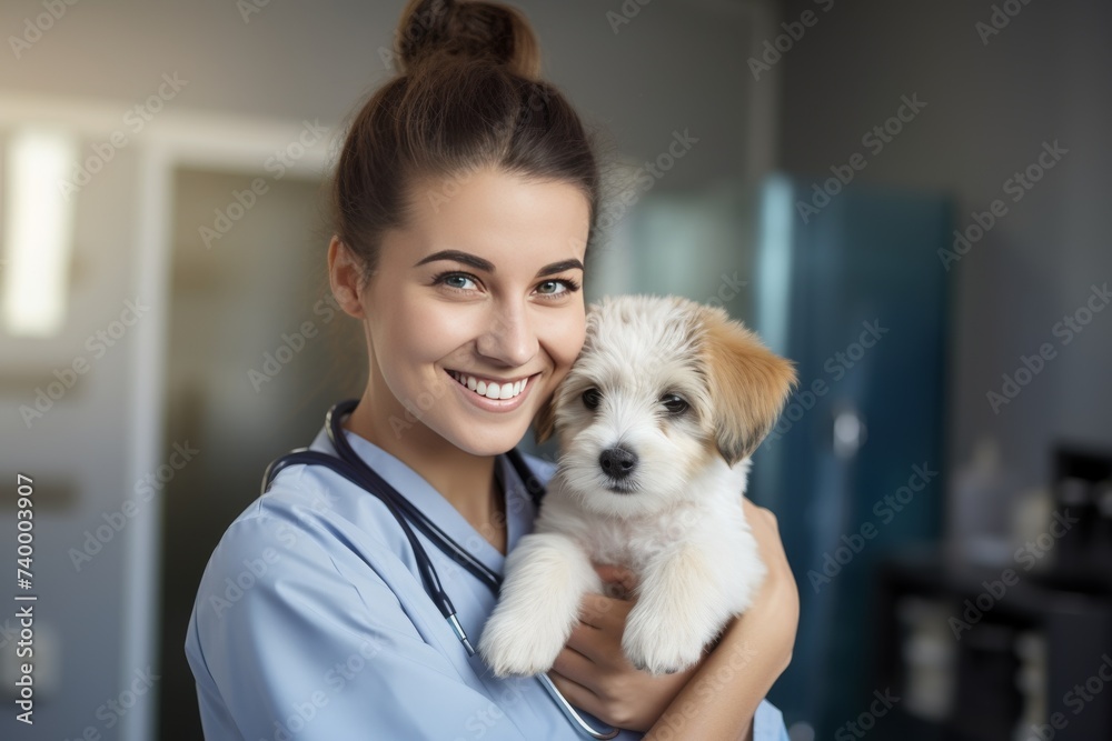 female veterinarian with a stethoscope holds a small poodle puppy in her arms. Medicine and animal care concept