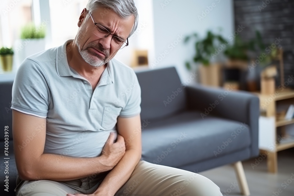 A middle-aged man is crouched in pain in his stomach, holding his stomach with his hands while sitting on the sofa at home. Gastrointestinal tract problems concept. - obrazy, fototapety, plakaty 