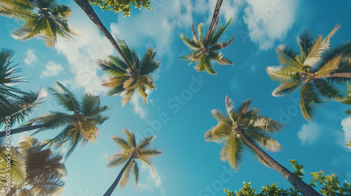 Looking up blue sky and palm trees. Travel vacation concept. 