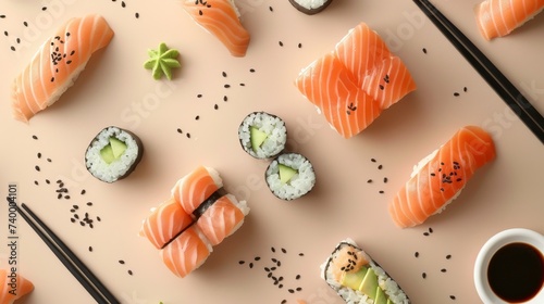 delicious sushi set with salmon  on a beige  background. Copy space photo