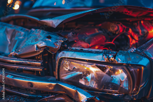 Wrecked Vehicle after Traffic Accident at Twilight