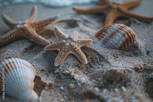 Starfish and Shells on Coastal Beach Sands