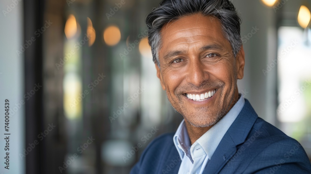 Headshot close up portrait of indian or latin confident mature good looking middle age leader, ceo male businessman on blur office background. Headshot close up portrait of indian or latin confident mature good looking middle age leader, ceo male businessman on blur office background.