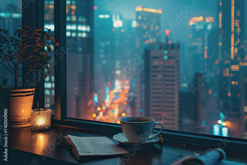 A coffee cup on a window sill is next to a picture, in the style of nightscapes, and romantic themes