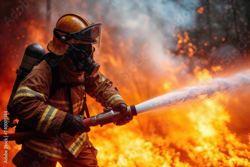 Brave firefighter combating fierce flames Generative AI image photo