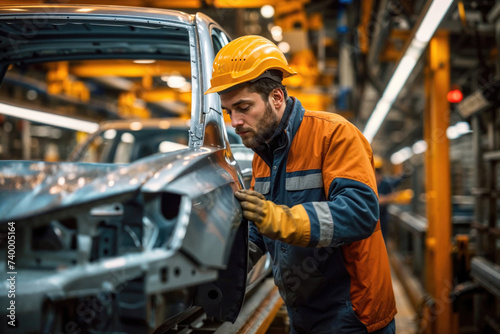 Industrial worker inspecting vehicle body at factory Generative AI image