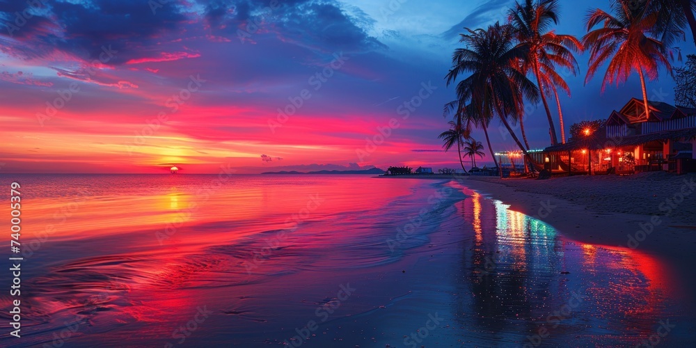 Evening serenity at beach with palm trees capturing picturesque sunset over sea perfect landscape for travel and sense of paradise with sandy shores and ocean waves ideal for summer holidays - obrazy, fototapety, plakaty 