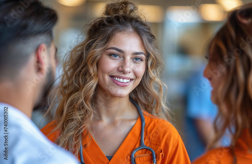 Smiling female healthcare professional engaging with peers Generative AI image photo