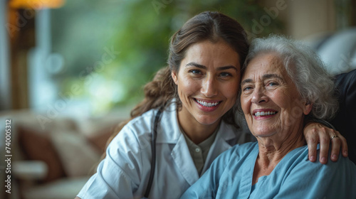 Warm embrace between nurse and senior woman Generative AI image photo