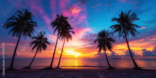 Evening serenity at beach with palm trees capturing picturesque sunset over sea perfect landscape for travel and sense of paradise with sandy shores and ocean waves ideal for summer holidays
