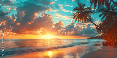 Evening serenity at beach with palm trees capturing picturesque sunset over sea perfect landscape for travel and sense of paradise with sandy shores and ocean waves ideal for summer holidays © Thares2020