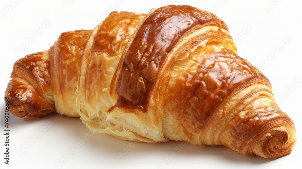 One croissant closeup, isolated on white background.