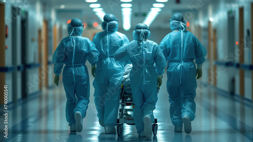 Generative AI illustration of anonymous group of surgical staff in scrubs and protective gear swiftly moving through a hospital corridor with a patient on a gurney photo