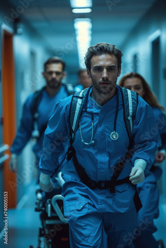 Generative AI illustration of team of focused emergency room doctors striding down the hospital corridor, prepared for urgent medical situations photo