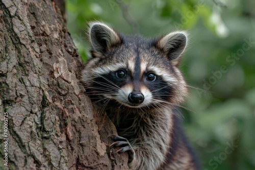 A curious raccoon peeking from behind a tree trunk, eyes gleaming with mischief and curiosity
