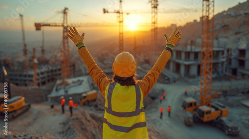 Generative AI illustration of anonymous construction worker with arms raised in victory at a bustling construction site at sunset photo