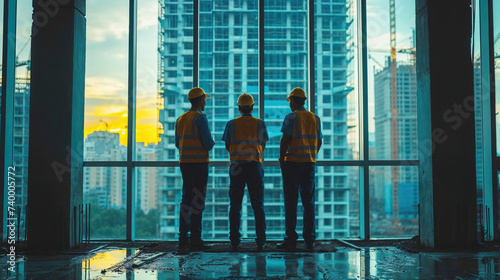Generative AI illustration of three anonymous construction workers observing the progress of a high-rise building project at dusk from inside a building