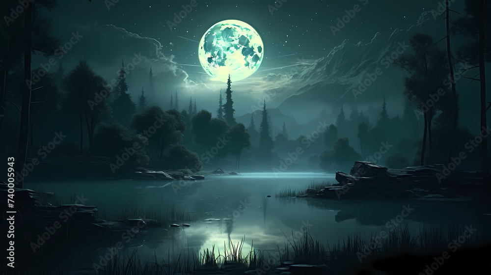 Lunar landscape with full moon in night sky Lunar landscape with full moon in night sky