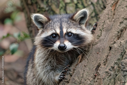 A curious raccoon peeking from behind a tree trunk, eyes gleaming with mischief and curiosity