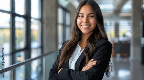 Portrait of smiling young multiethnic woman looking at camera with crossed arms. Successful latin business woman standing in modern office with copy space. Young university hispanic girl with smile