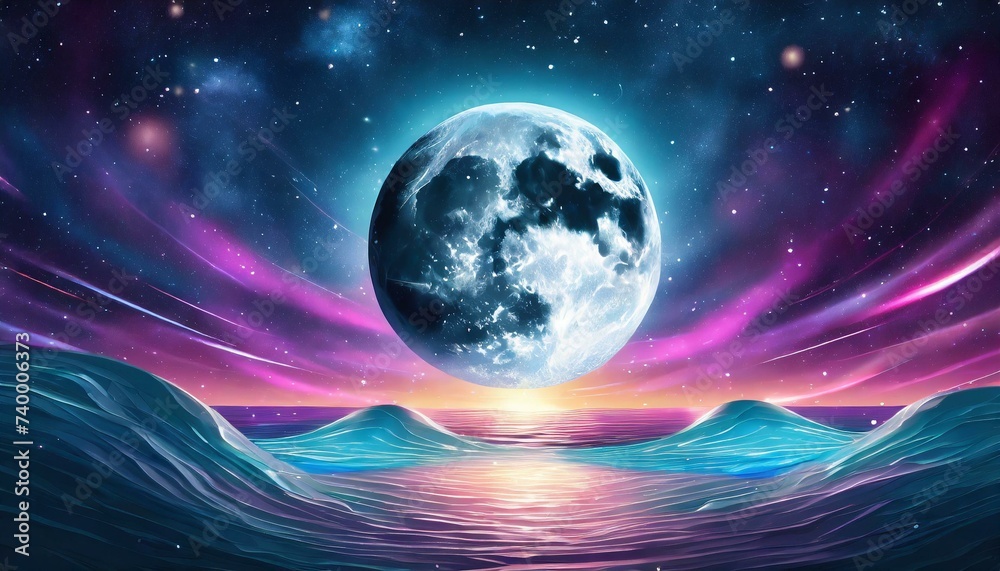 Full and New moon phases on a starry sky and water waves bright neon rays, vibrant shine with neon glow around the moon. Screensaver for advertising and space for products. Full moon party background Full and New moon phases on a starry sky and water waves bright neon rays, vibrant shine with neon glow around the moon. Screensaver for advertising and space for products. Full moon party background