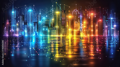 Vector Art of a futuristic city skyline  dynamic  cyberpunk color scheme  futuristic design elements  urban background
