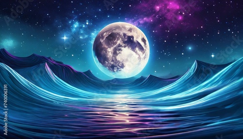 Full and New moon phases on a starry sky and water waves bright neon rays  vibrant shine with neon glow around the moon. Screensaver for advertising and space for products. Full moon party background