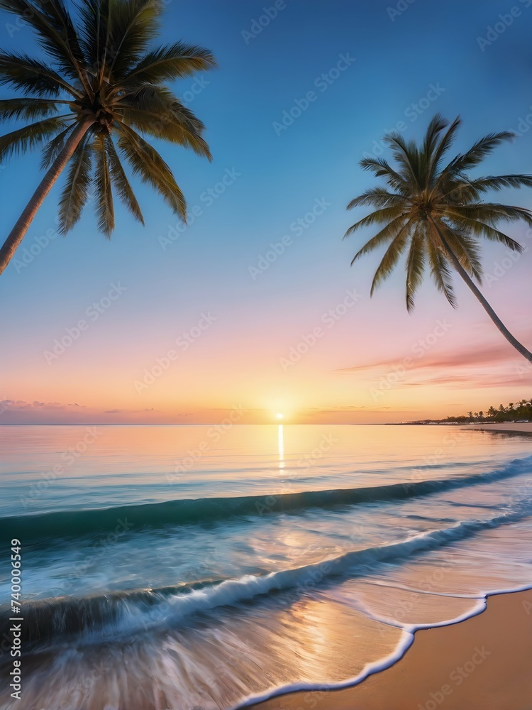  Serene Beach Sunset Framed by Swaying Palm Trees
