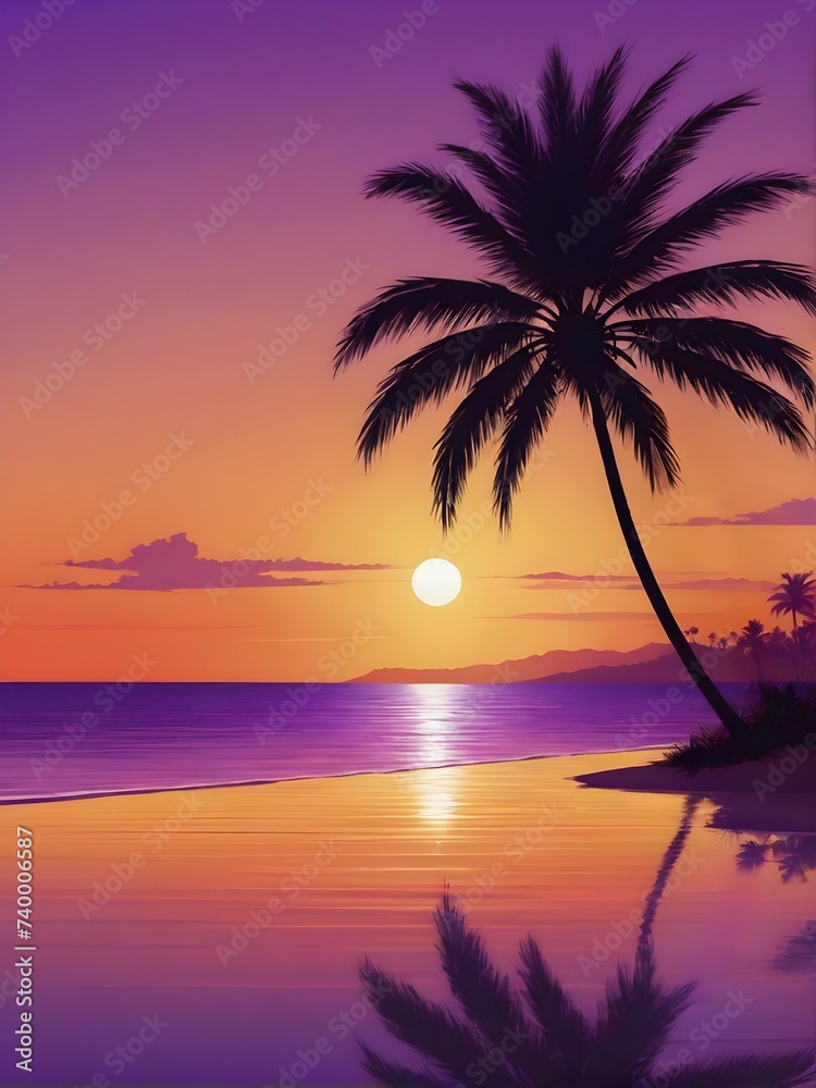 Twilight beach with a palm, sea or ocean and sunset