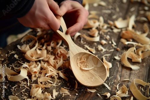 person carving a wooden spoon by hand with wood shavings around photo