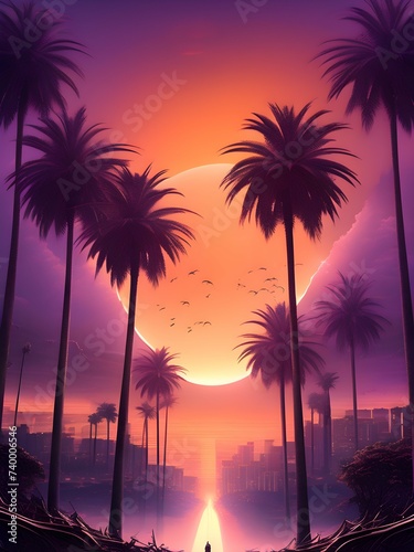 Palm trees in fantasy world, sunset and mountains on the background