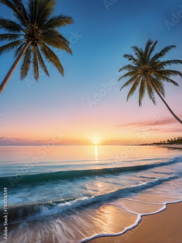  Serene Beach Sunset Framed by Swaying Palm Trees © AI-deas