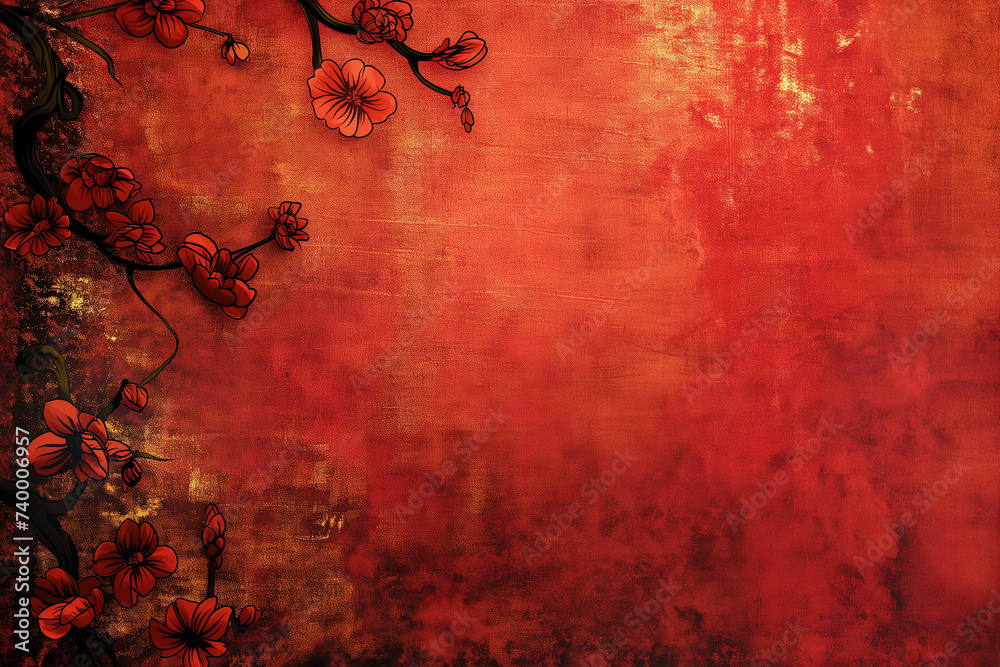Chinese red wallpaper with flowers, in the style of chinese new year - obrazy, fototapety, plakaty 