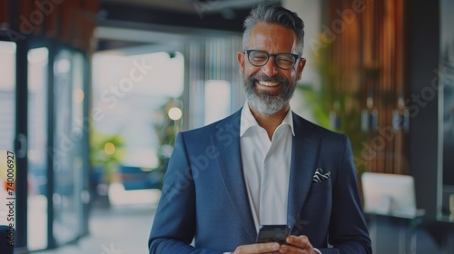 Smiling happy confident mid aged male company ceo executive wearing suit holding cellphone standing in office using business mobile apps technology financial online solutions on cell phone.
