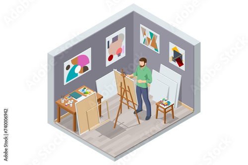 Isometric male painter drawing in art studio using easel. Painting, drawing and artwork concept. Art, creativity, hobby, job and creative occupation