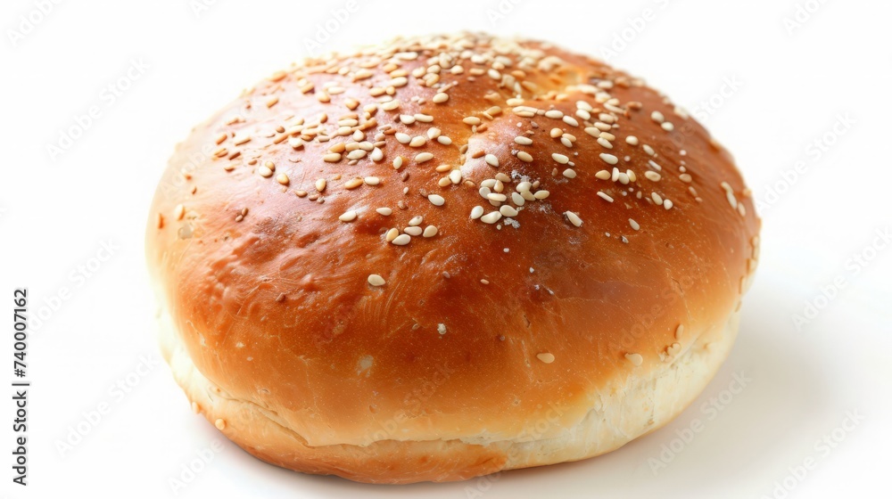 Top view shot of a hamburger bread bun, isolated on white background. The freshly baked, golden brown color and a sprinkling of sesame seeds on top.