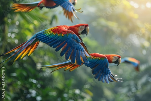 A group of colorful macaws flying over a lush rainforest canopy, vivid colors against the green backdrop © arhendrix