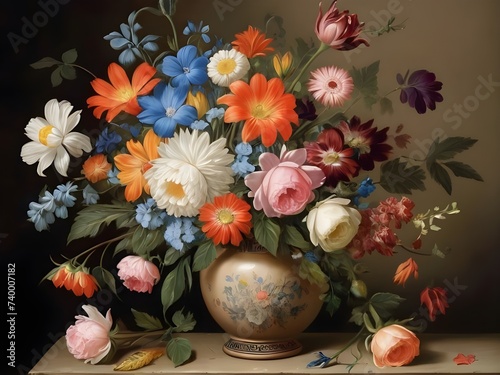 Still life bouquet of flowers in vintage vase, after old Dutch masters, illustration © zuleyka123