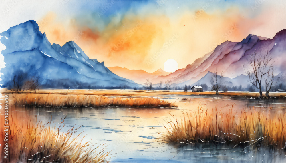 Sunset Mountain Reflections Watercolor